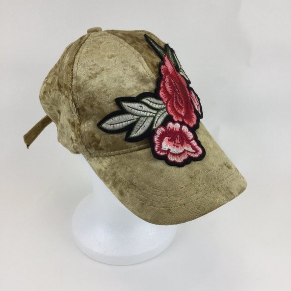 Designer velvet embroidery floral print cap hat - Picture 3 of 6